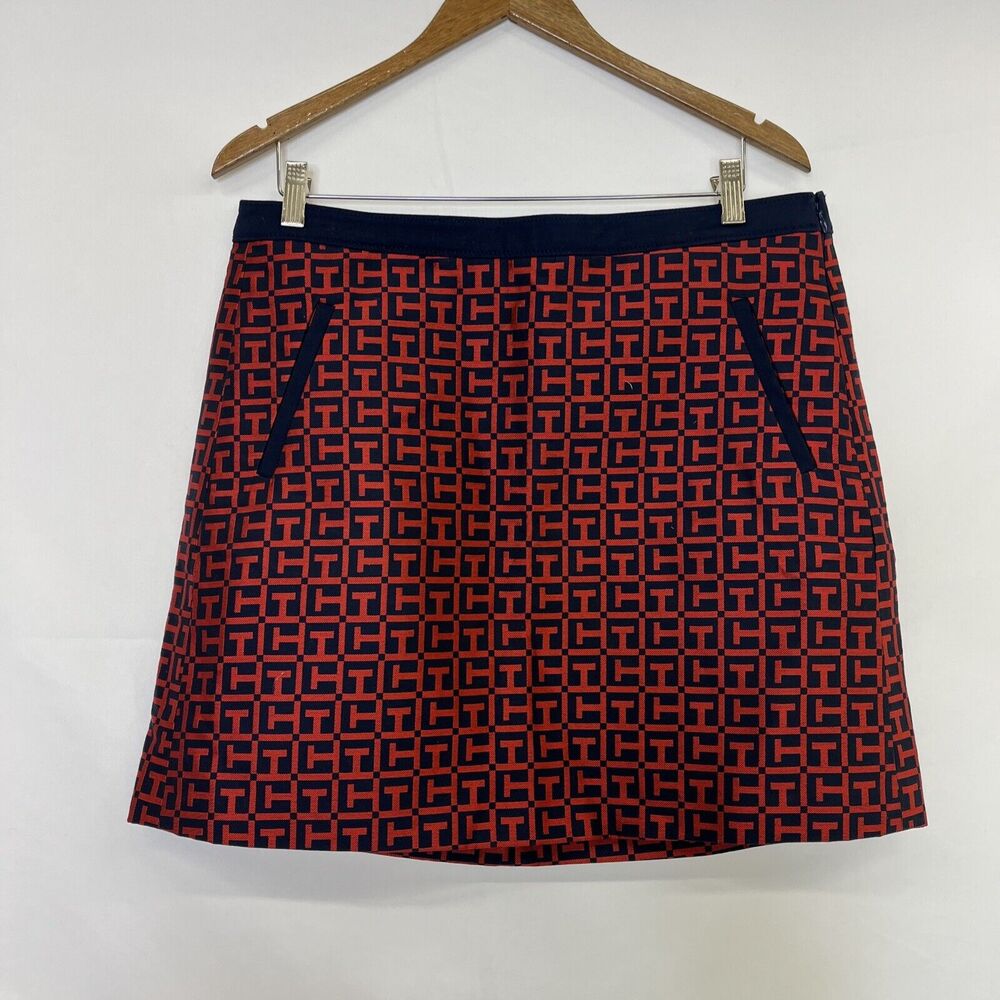 Tommy Hilfiger Skirt Women Sz 12 A-Line Logo Red & Navy Print Lined FS Charity